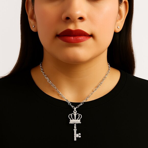 Sparkling Silver-Tone Key Pendant Necklace & Earrings Set Women' Fashion Jewelry - Picture 1 of 10